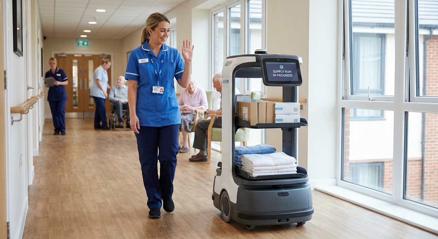 Happy care home staff with robot assistant