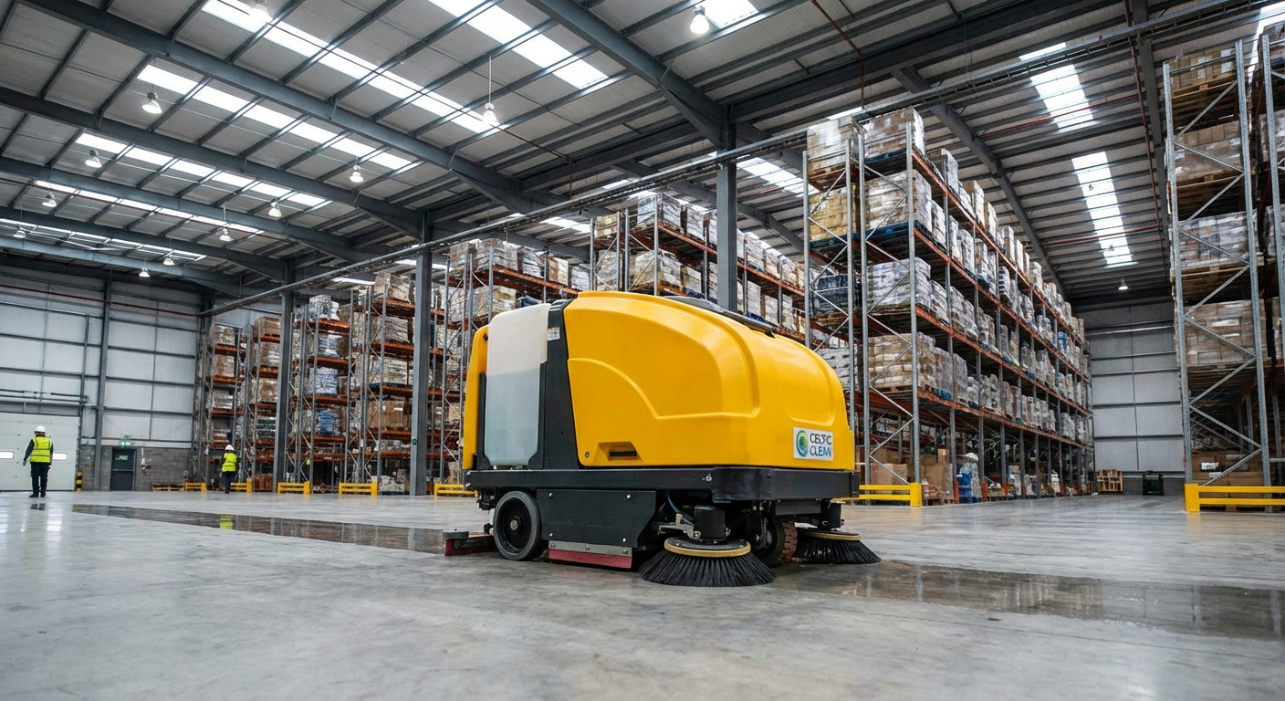 Autonomous floor scrubber cleaning a warehouse floor in Ireland