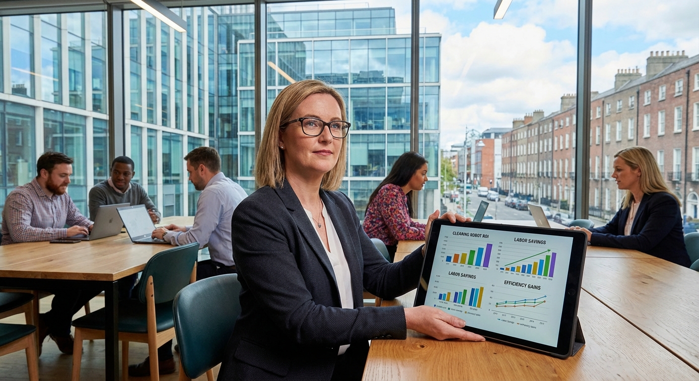 Business owner reviewing cleaning robot ROI on tablet