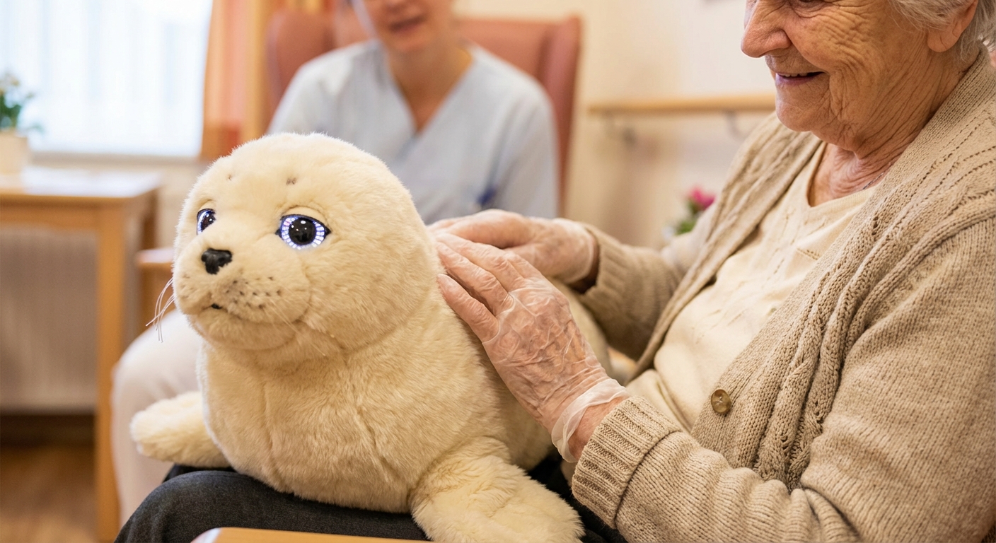 PARO seal robot with elderly care home resident