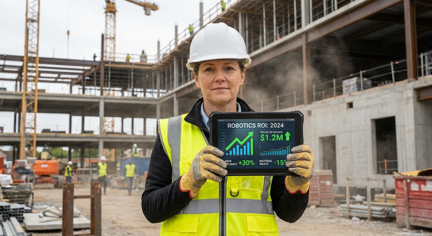 Construction manager reviewing robot ROI data on tablet
