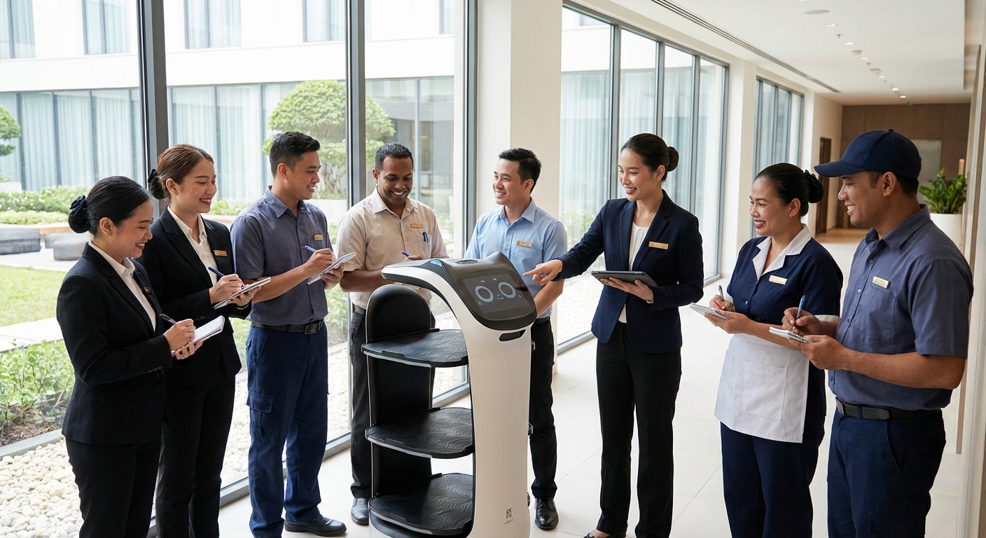 Hotel staff training with delivery robot
