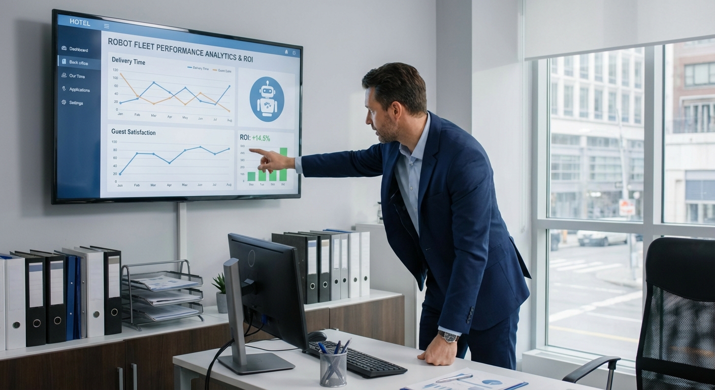 Hotel manager reviewing robot delivery performance data