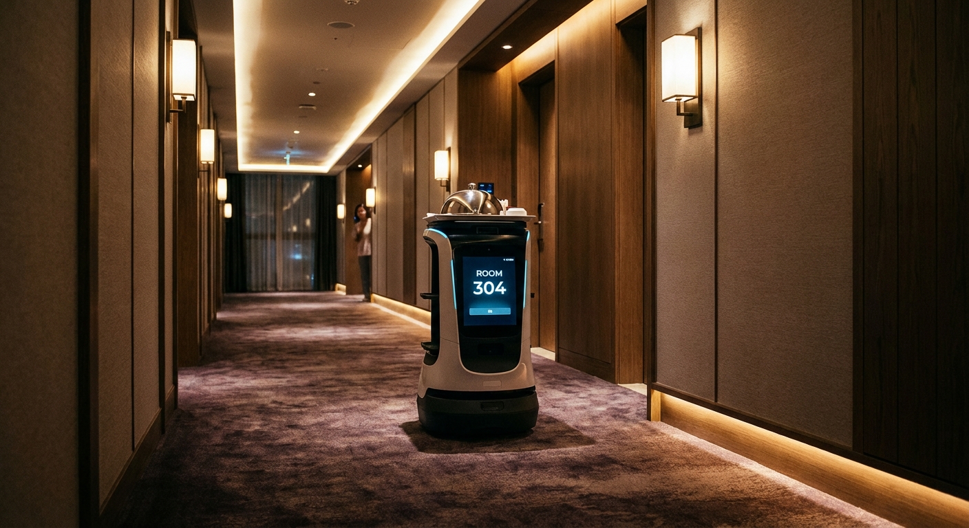 Robot delivering room service in a Dublin hotel corridor