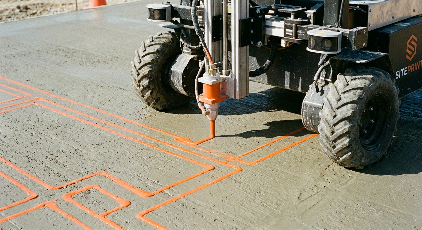 Layout robot printing building plan on concrete floor