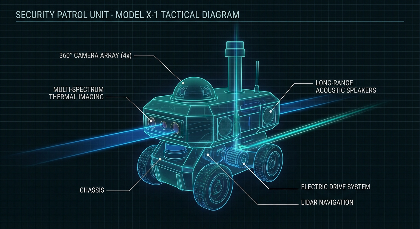 Security robot with highlighted features and capabilities