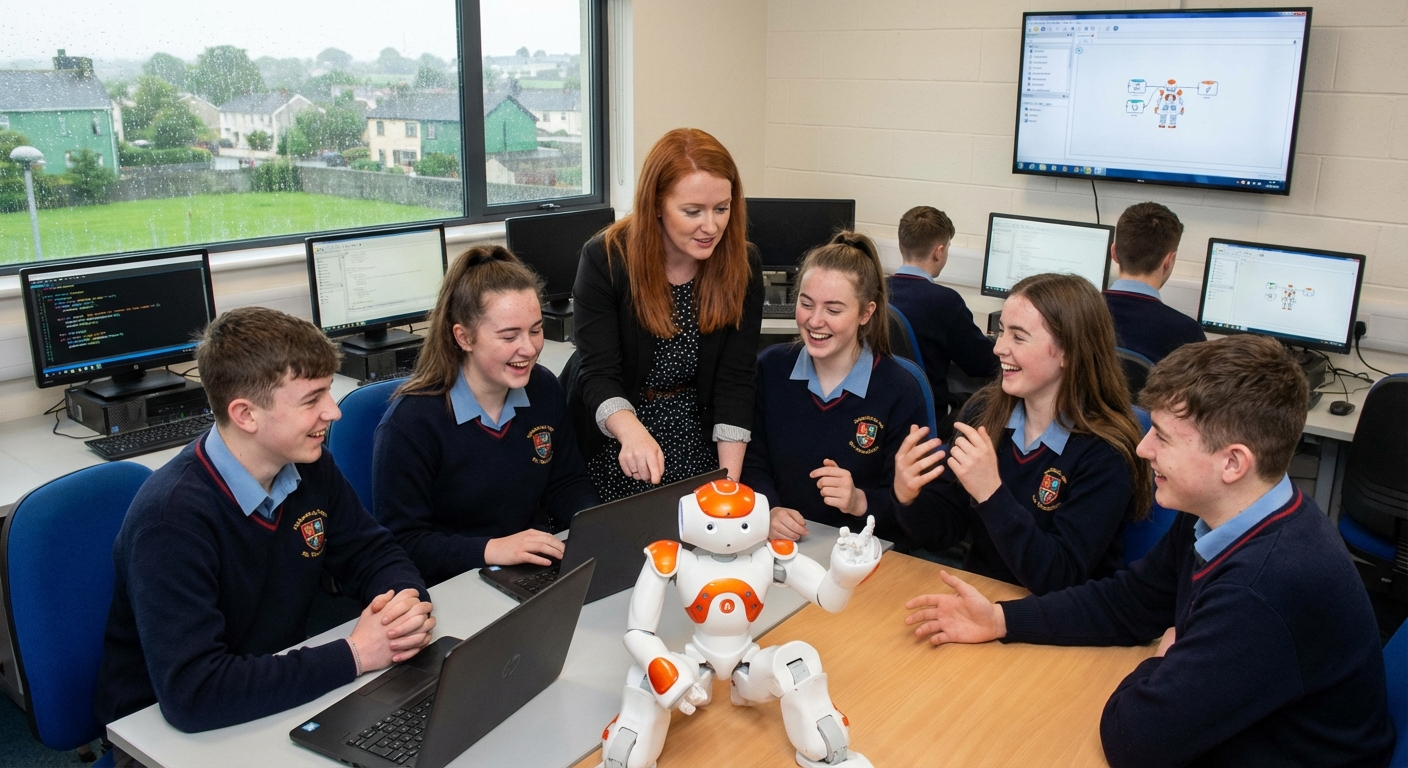 Teacher guiding students with coding robots