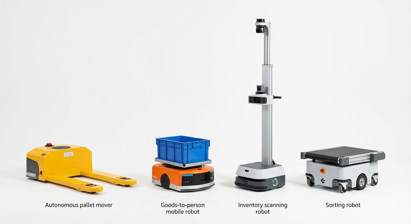 Different types of warehouse robots side by side